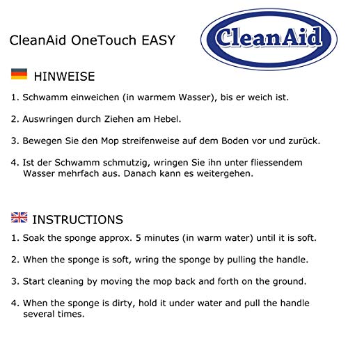 CleanAid OneTouch Easy Mopa, Fregona de Doble Rodillo con Esponja Absorbente de PVA y un Palo Telescópico Extra Largo de 140 cm