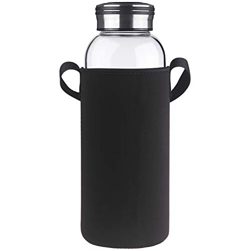 Cleesmil Botella de Agua de Cristal con Funda de Neopreno 1.5 Litro / 1.5 L (Negro)