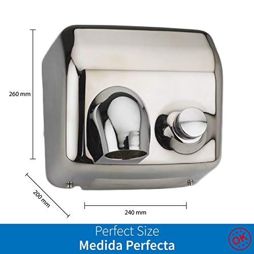 ClimaSpain Secamanos Electrico Manual en Acero INOX Satinado · Secador de Manos Pared Profesional con Potencia de 2300W