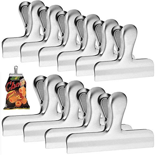 Clips de Chip,10 Pinzas Acero Inoxidable,Grandes 3 Pulgadas de Ancho,para Cerrar Bolsas de Comida de Metal Clips Hogar de Buena Agarre,Oficina,Alimentos y Pan