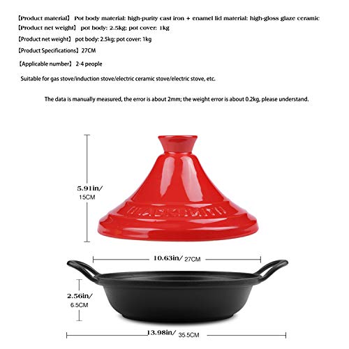 CLOTHES Ø 27cm Tajine Plato de Olla, Plato Fundido Hierro cazuela con Tapa Doble asa, for 2-4 Personas, no vidriado cocinar Natural Tagin Libre de Materiales tóxicos, for su Cocina