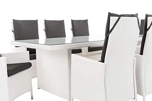 CLP Sevilla XL - Conjunto de muebles de jardín (ratán plano, con 8 sillas ajustables, mesa de cristal de 240 x 102 x 75 cm), color blanco