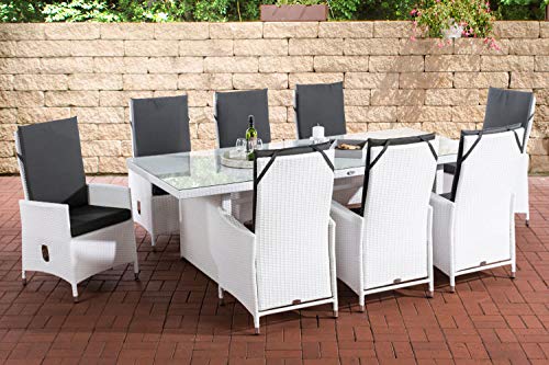 CLP Sevilla XL - Conjunto de muebles de jardín (ratán plano, con 8 sillas ajustables, mesa de cristal de 240 x 102 x 75 cm), color blanco