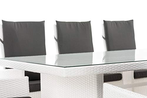 CLP Sevilla XL - Conjunto de muebles de jardín (ratán plano, con 8 sillas ajustables, mesa de cristal de 240 x 102 x 75 cm), color blanco