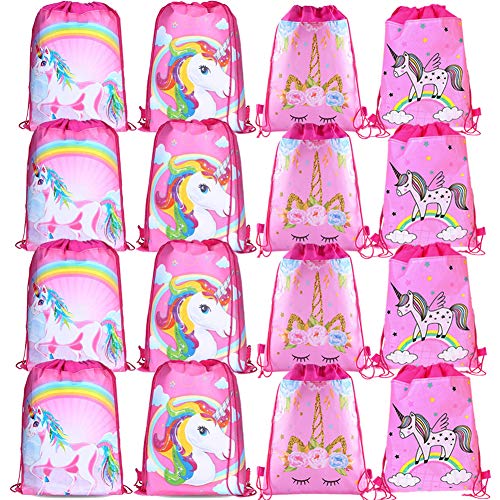 CNNIK 16 Piezas Bolsas Unicornio con Cordón - Bolsas para Unicornio Themed Party - Suministros Fiesta de Unicornio