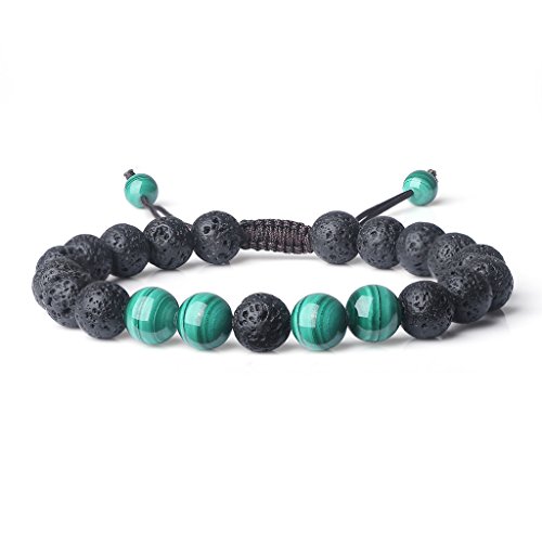 COAI® Pulsera de Cuentas Mala Piedra Genuina Lava y Malaquita Tamaño Ajustable Unisex 8mm