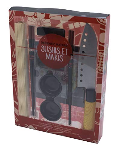 Coffret : Devenez maître sushi et makis : Contient : 1 livre, 1 couteau japonais Santoku, 2 paires de baguettes, 2 supports en céramique, 1 natte en bambou, 2 coupelles en céramique (Cuisine)