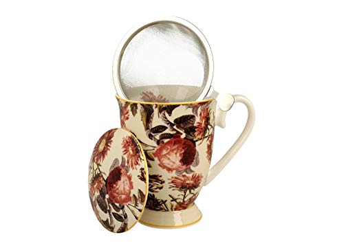 Colección Duo Secret Garden Taza 325 ml con huevo de té y tapa Peony de New Bone China Porcelana en caja de regalo, taza de té de 3 piezas Set de regalo con colador, taza con filtro