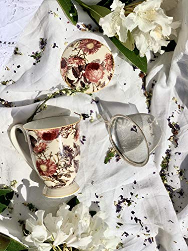 Colección Duo Secret Garden Taza 325 ml con huevo de té y tapa Peony de New Bone China Porcelana en caja de regalo, taza de té de 3 piezas Set de regalo con colador, taza con filtro