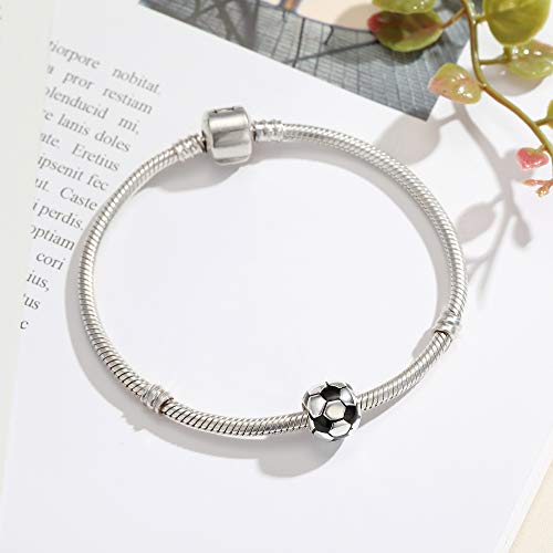 Colgante con forma de balón de fútbol – Copa del Mundo fútbol Beads Charm 925 plata fútbol charms con negro esmalte para pulsera Europea