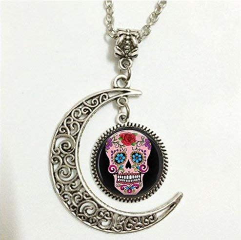 Colgante de calavera de azúcar, collar del Día de los Muertos, joyería de calavera de azúcar, luna y collar de cristal, imagen artística