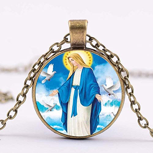 Collar Retro Virgen María Jesús Collar Madre De Bebé Retrato Cabujón De Cristal Color Plata Cadena Larga Colgante Joyería Católica