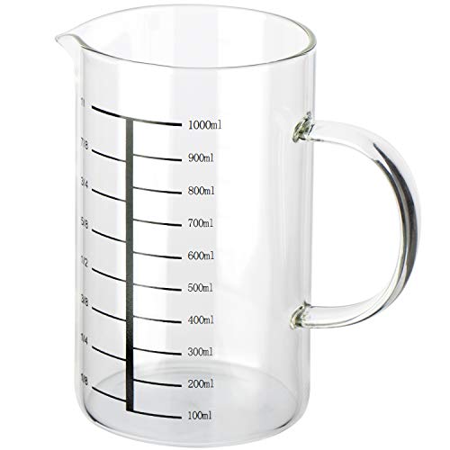 com-four® Jarra medidora para la cocina - Vaso medidor de vidrio resistente a la temperatura - Jarra medidora vaso - Medidor de liquidos, 1l (01 pieza - vaso medidor)