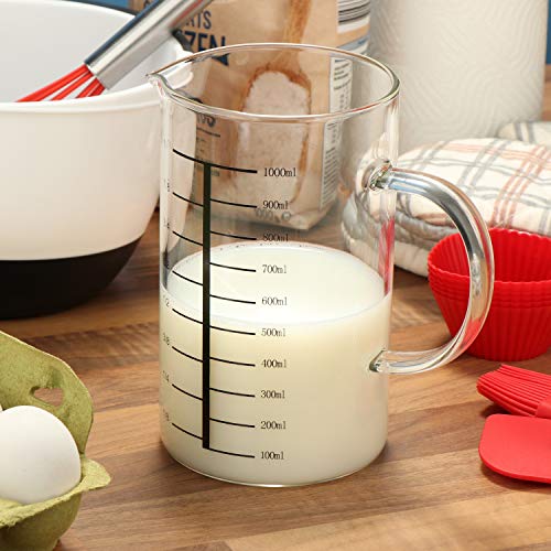 com-four® Jarra medidora para la cocina - Vaso medidor de vidrio resistente a la temperatura - Jarra medidora vaso - Medidor de liquidos, 1l (01 pieza - vaso medidor)