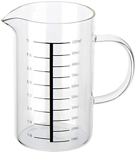 com-four® Jarra medidora para la cocina - Vaso medidor de vidrio resistente a la temperatura - Jarra medidora vaso - Medidor de liquidos, 1l (01 pieza - vaso medidor)