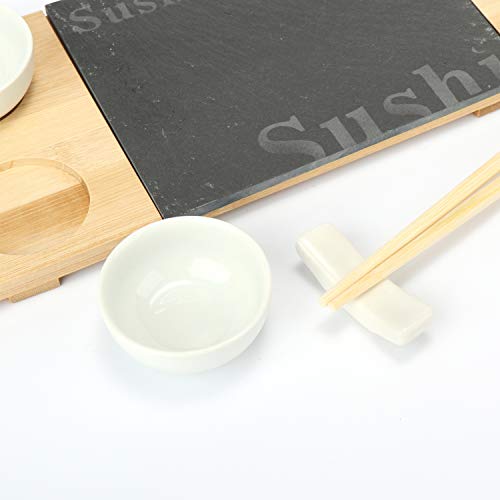 com-four® Juego de 7 Piezas de Sushi - Plato para Servir de Pizarra y Madera de bambú - con Cuencos para Salsa de Soja y Palillos (7 Partes - V1)