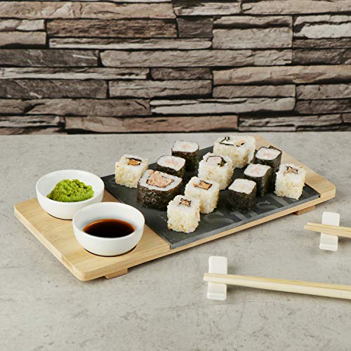 com-four® Juego de 7 Piezas de Sushi - Plato para Servir de Pizarra y Madera de bambú - con Cuencos para Salsa de Soja y Palillos (7 Partes - V1)