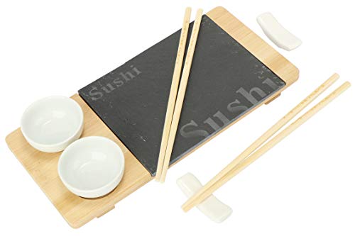 com-four® Juego de 7 Piezas de Sushi - Plato para Servir de Pizarra y Madera de bambú - con Cuencos para Salsa de Soja y Palillos (7 Partes - V1)