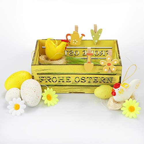 com-four® Set de decoración y Regalo de 30 Piezas para Pascua - Etiquetas y Huevos de Pascua para decoración - Canasta de Pascua con Hierba y Flores Decorativas (30 Piezas - Caja de Pascua)