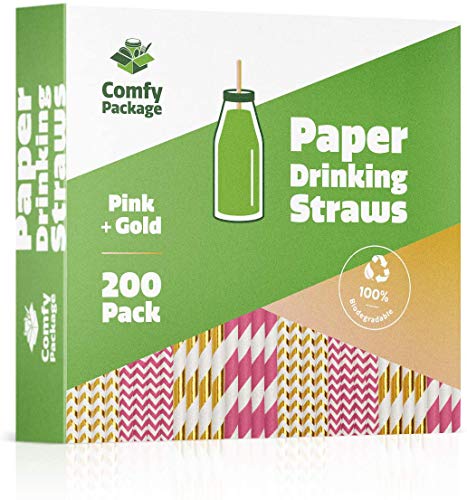 Comfy Package [Pack de 200] - Pajitas de Papel 100 % biodegradables - para Fiestas - Varios Patrones en Rosa y Dorado