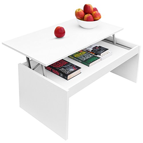 COMIFORT Mesa Centro Elevable - Mesa Salón Funcional con Gran Almacenaje, Moderna, Elegante, Muy Resistente, 2 Patas, Color Blanco