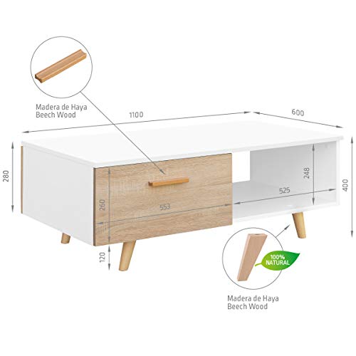 COMIFORT - Mesa De Centro Salón, Comedor Moderna, Colores: Blanco, Roble, Blanca-Roble (Blanco/Sonoma)