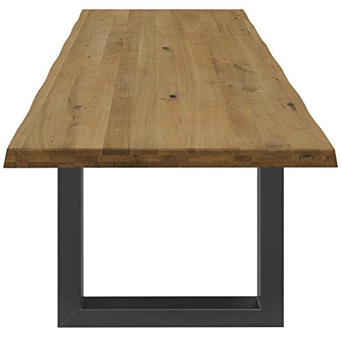 COMIFORT Mesa de Comedor - Mueble para Salon Oficina Despacho Robusto y Moderno de Roble Macizo Color Ahumado con Lado Ondulado, Patas de Acero U-Forma Grafito (140x90 cm)