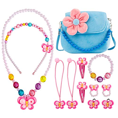 Comius Sharp Joyas para niños Niñas Bolso de Peluche, Bolso Princesa, Bolsos para con Flores de Fieltro con Cuentas Mini Bolso,Crossbody Para Pequeñas,Collar Pulsera Anillo Pinzas de Conjunto. (Blue)