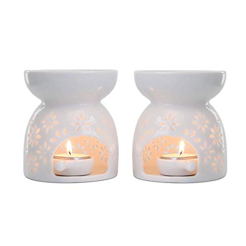 ComSaf Quemador Aceites Esenciales con Cuchara de Velas - Paquete de 2, Ceramica Quemadores de Aceites Esencial Candelabros Decorativos de Velas para Esencias Blanca para Yoga SPA Navidad Decoración