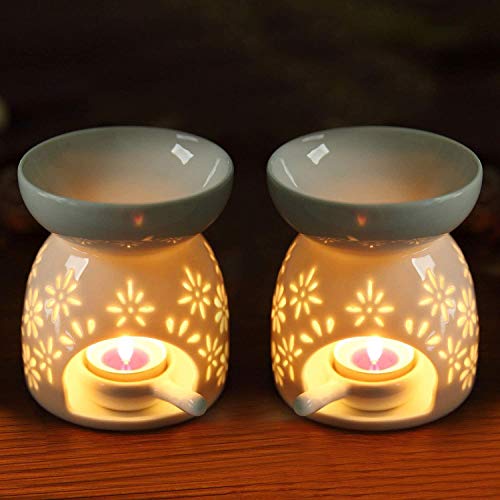 ComSaf Quemador Aceites Esenciales con Cuchara de Velas - Paquete de 2, Ceramica Quemadores de Aceites Esencial Candelabros Decorativos de Velas para Esencias Blanca para Yoga SPA Navidad Decoración