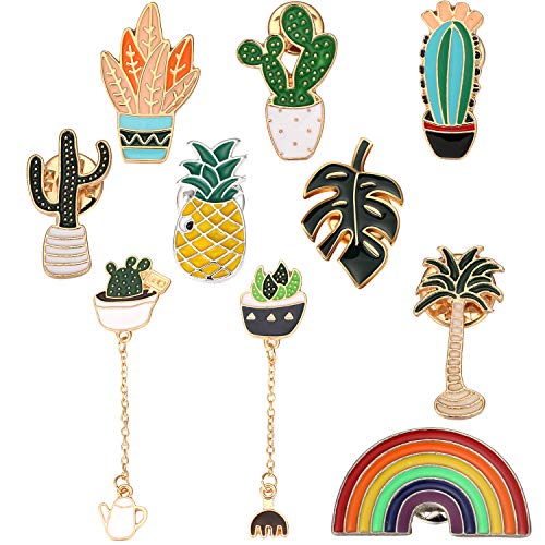 Conjunto de 10 Broches Encantador de Dibujo Animados Incluyendo Broche de Piña Broche de Arco Iris Broche de Hojas de Simulación de Palmeras Tropicales Broche de Cactus para Disfraz Bolso Mochila Chaq