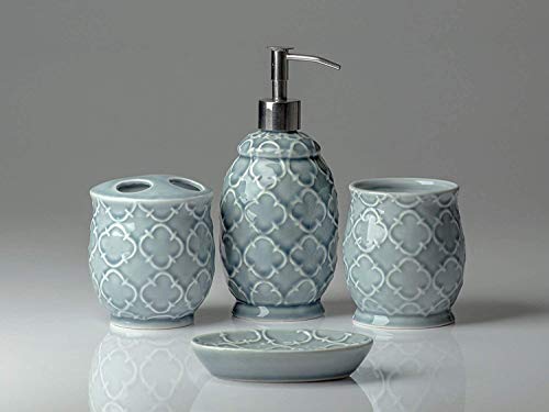 Conjunto de 4 Accesorios de baño de cerámica de diseño | Incluye jabón líquido o loción con portacepillos, Vidrio, jabonera | Celosía marroquí | Gris