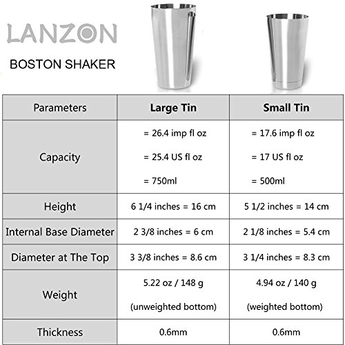 Conjunto de Coctelería Boston de LANZON, Cocteleras Boston 2 Piezas, 500ml(18oz) & 750ml(26oz) Shaker Tins