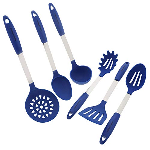 Conjunto De Utensilios De Cocina Azul - Acero Inoxidable Y Silicona - Espátula, Cuchara Mezcladora Y Ranurada, Cucharón, Servidor De Horquilla De Pasta, Escurridor