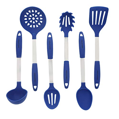 Conjunto De Utensilios De Cocina Azul - Acero Inoxidable Y Silicona - Espátula, Cuchara Mezcladora Y Ranurada, Cucharón, Servidor De Horquilla De Pasta, Escurridor