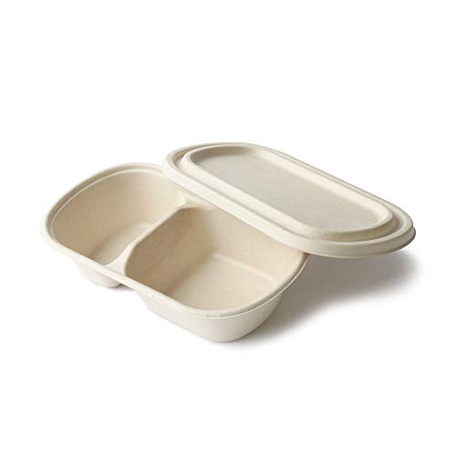 Contenedor desechable alimentos con tapa, envase comida para llevar, hecho con caña de azúcar, 100% Compostable y Biodegradable, 24x14x6cm, capacidad 800ml, paquete con 25 juegos (con compartimentos)