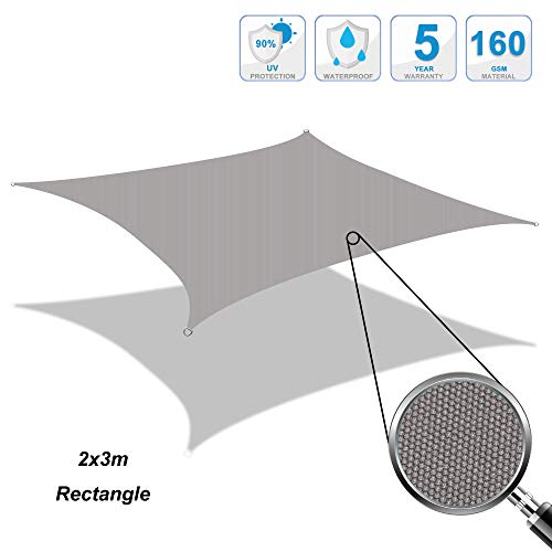 Cool Area Toldo Vela de Sombra Rectangular 2 x 3 Metros, Impermeable Protección UV para Patio Exteriores Jardín, Color Gris