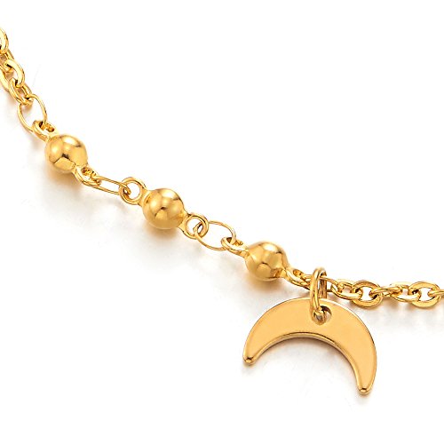 COOLSTEELANDBEYOND Color Oro Acero Inoxidable Tobillera para Mujer con Charms Creciente Luna y Bola