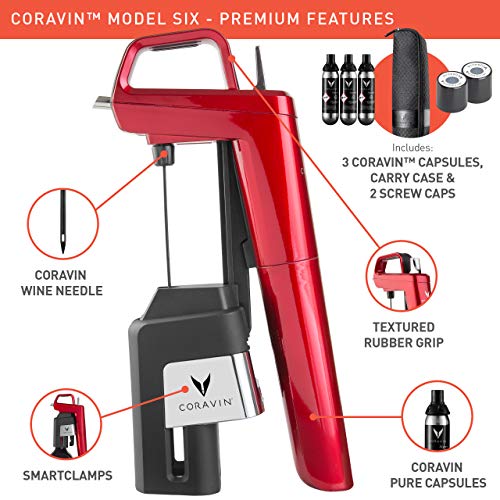 Coravin – Model Six Sistema de Preservación de Vino - 3 Cápsulas de Gas, 2 Tapones de Rosca y Estuche de Viaje – Color Rojo Cereza