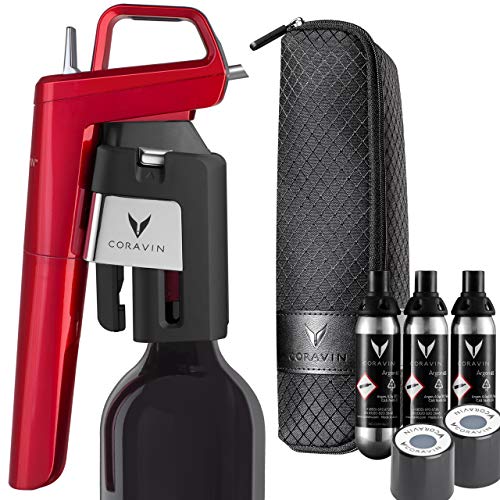 Coravin – Model Six Sistema de Preservación de Vino - 3 Cápsulas de Gas, 2 Tapones de Rosca y Estuche de Viaje – Color Rojo Cereza