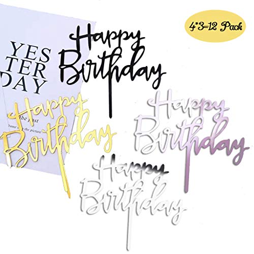 Coriver 12 Pack Happy Birthday Cake Topper, Acrílico Glitter Cupcake Topper para decoraciones de pasteles de cumpleaños (oro, oro rosa, plata, negro * 3)