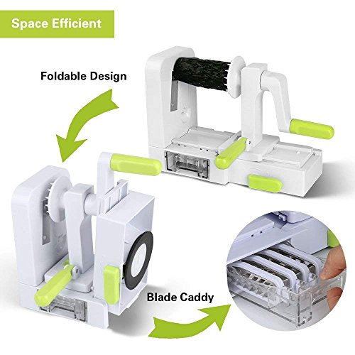 Cortador Verduras Espiral Espiralizador Vegetal con 5 Cuchillas y Cepillo de Limpieza para Cortar Verduras en Espiral, Juliana, Espaguetis, Tallarines, Cintas