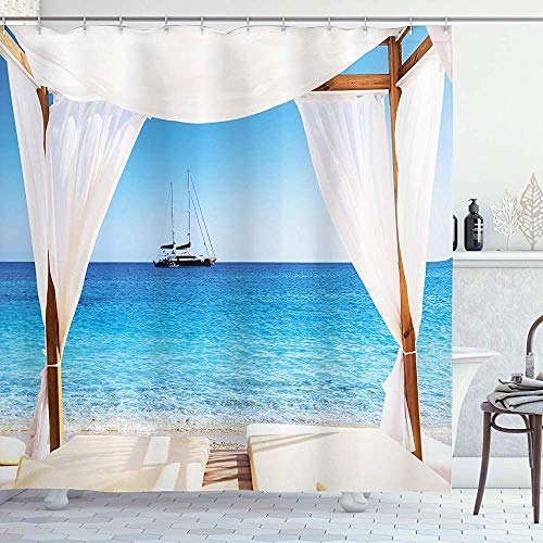 Cortina de ducha balinesa Playa a través de la cama balinesa Sol de verano Cielo despejado Luna de miel Spa natural Tela de tela Decoración de baño con ganchos Aqua CaramelTenda da doccia balinese Spi