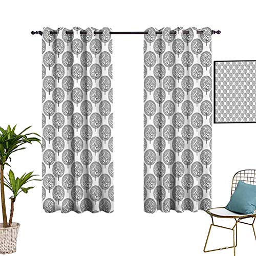 Cortinas de dormitorio con estampado floral, diseño de árbol con hojas en el interior de círculos monocromáticos Madre Tierra ilustración artística sombra insonorizada gris blanco W108 x L84 pulgadas