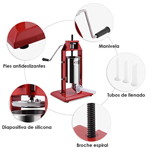 COSTWAY 3L Embutidora de Salchicha con Manivela y Base Máquina Relleno de Salchichas de Acero Inoxidable y Hierro con 4 Tubos de Llenado