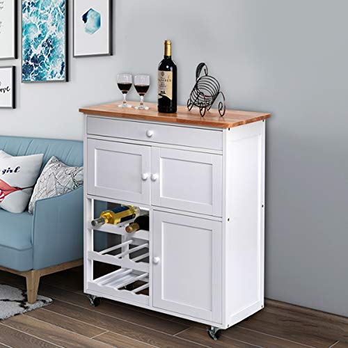 COSTWAY Carrito de Cocina Madera con Rueda Cajón 67x37x85cm Estantería de Cocina Vino Armario Blanco