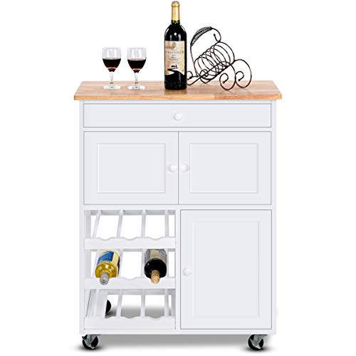 COSTWAY Carrito de Cocina Madera con Rueda Cajón 67x37x85cm Estantería de Cocina Vino Armario Blanco