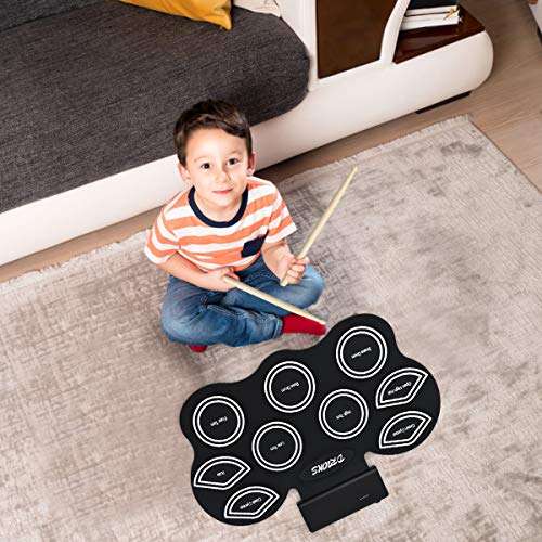 COSTWAY Enrolle Drum Pad de Silicona con LED Batería Electrónica de Sobremesa para Niños con Bluetooth Pedales y Baquetas