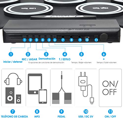 COSTWAY Enrolle Drum Pad de Silicona con LED Batería Electrónica de Sobremesa para Niños con Bluetooth Pedales y Baquetas