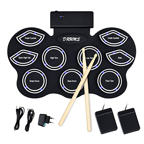 COSTWAY Enrolle Drum Pad de Silicona con LED Batería Electrónica de Sobremesa para Niños con Bluetooth Pedales y Baquetas